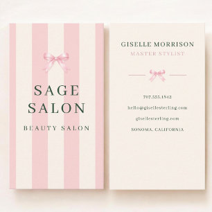 Carte De Visite Salon de beauté Nœud préppy rayé rose et vert