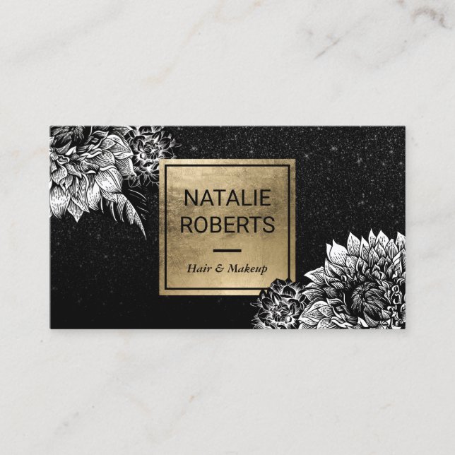 Carte De Visite Salon de beauté noir floral moderne de parties (Devant)