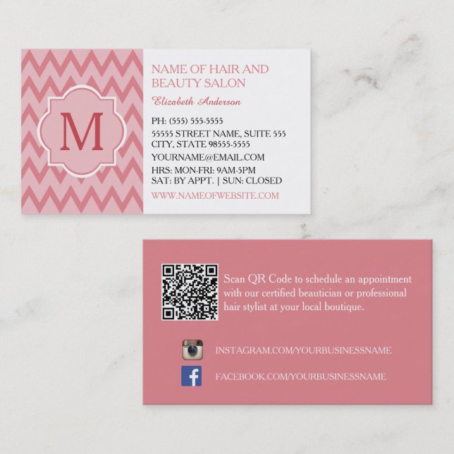 Carte De Visite Salon de beauté Pink Chevron (Devant / Derrière)