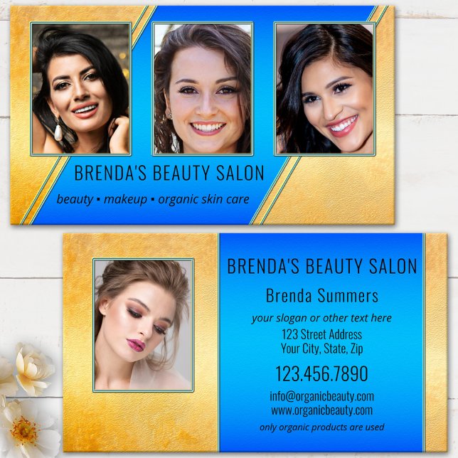 Carte De Visite Salon de beauté Portfolio Bleu Or  (Modern beauty business card showing your photos framed by a turquoise blue and gold artistic design)
