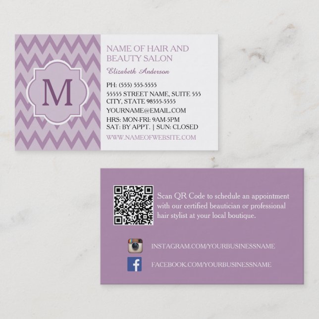 Carte De Visite Salon de beauté Purple Chevron (Devant / Derrière)