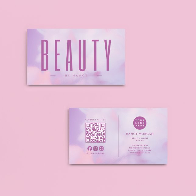 Carte De Visite Salon de beauté QR Code & Logo Holographique viole (Créateur téléchargé)