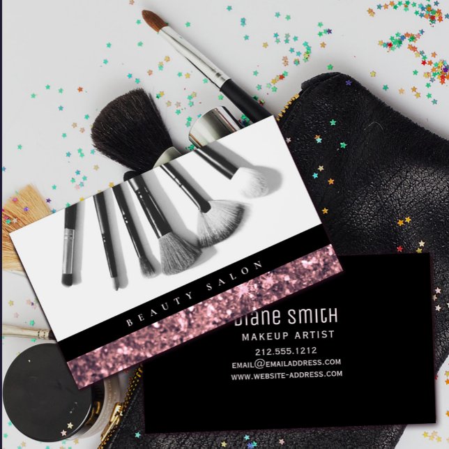 Carte De Visite Salon de beauté rose Parties scintillant or  (Rose Gold Glitter Beauty Salon Business Card #zazzlemade #brushes #beautysalon #rosegoldblack)