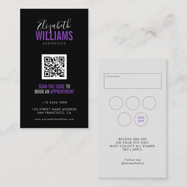Carte De Visite Salon de beauté violet noir QR Code Fidélité & (Devant / Derrière)