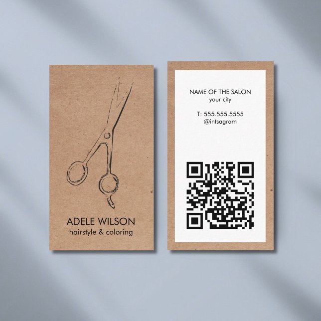 Carte De Visite Salon de ciseaux blanc QR Faux Kraft (Créateur téléchargé)