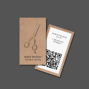 Carte De Visite Salon de ciseaux blanc QR Faux Kraft