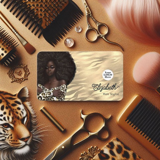 Carte De Visite Salon de coiffure afro-américain Léopard et Tigre  (Gold Leopard and Tiger African American Hair Salon Business Card)