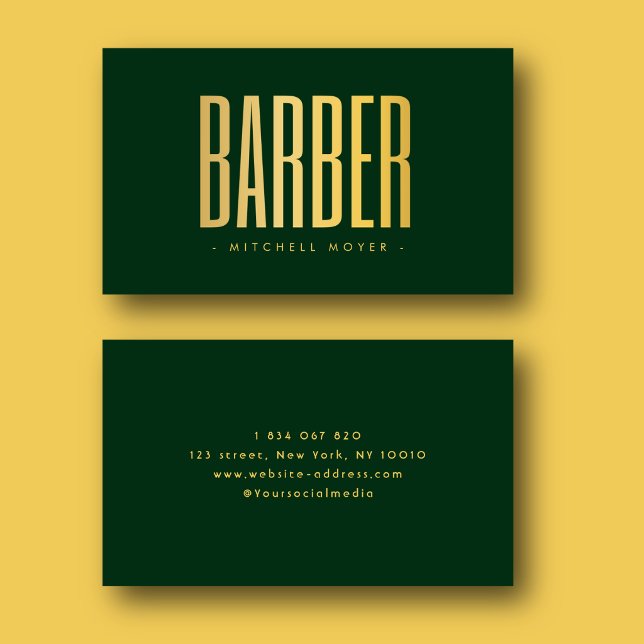 Carte De Visite Salon de coiffure barber minimaliste Faux Or et Ve (Créateur téléchargé)