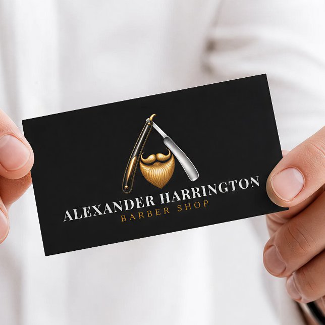 Carte De Visite Salon de coiffure Black Razor Golden Beard Logo  (Créateur téléchargé)