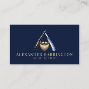 Carte De Visite Salon de coiffure Blue Razor Golden Beard Logo 