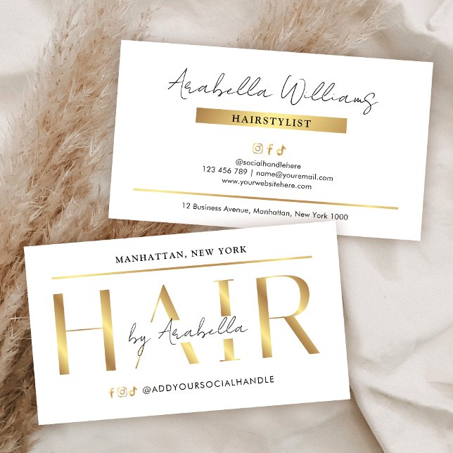 Carte De Visite Salon de coiffure chic blanc et or moderne (Elegant hair business cards with faux gold effects, modern layout and space for your contact info)