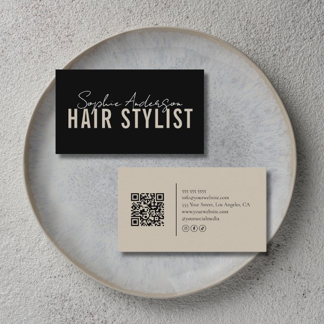 Carte De Visite Salon de coiffure Code QR noir et beige (Hair Stylist Salon Black and Beige QR Code Business Card)