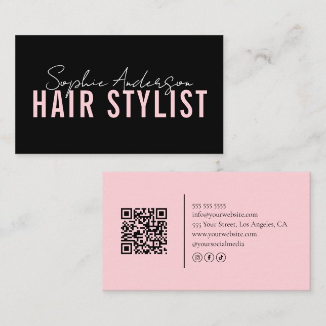 Carte De Visite Salon de coiffure Code QR noir et rose (Devant / Derrière)