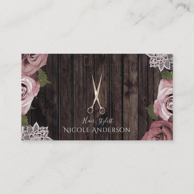 Carte De Visite Salon de Coiffure Dusty Rose Chic Ciseaux Roses Co (Devant)