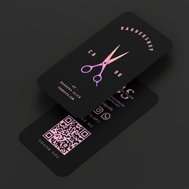 Carte De Visite Salon de coiffure esthétique rose noir Barbier (Barber Hairstylist Aesthetic Pink Black Barbershop Business Card
)