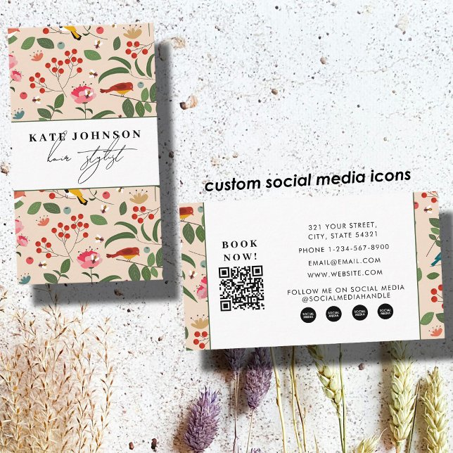Carte De Visite Salon de coiffure Fleurs Oiseaux Abeilles Maquilla (Floral Birds Bees Salon Hair Stylist Makeup Business Card)