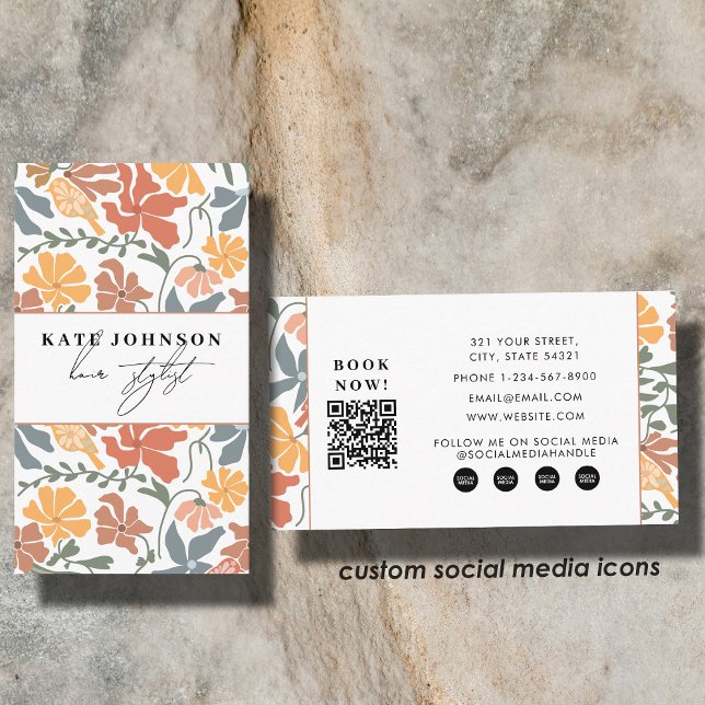 Carte De Visite Salon de coiffure floral abstrait du milieu du siè (Abstract Floral Mid Century Salon Hair Stylist Business Card)
