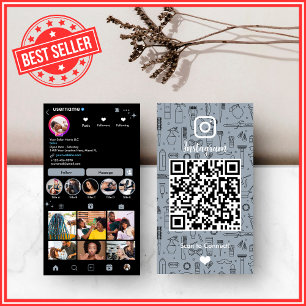 Carte De Visite Salon de coiffure Instagram Bleu poussiéreux QR