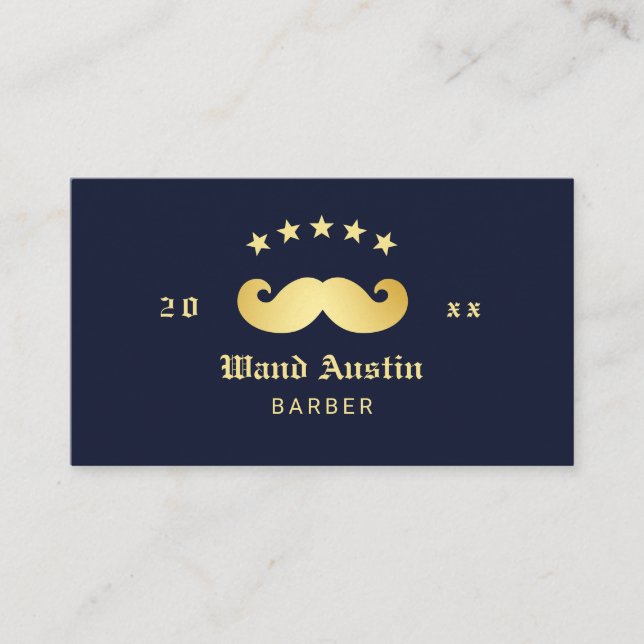 Carte De Visite Salon de coiffure logo Moustache Navy et Or (Devant)