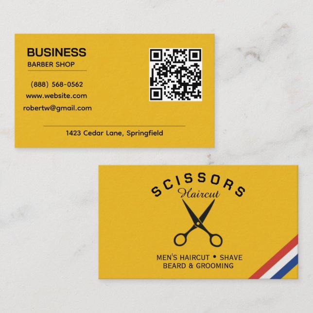 Carte De Visite Salon de coiffure moderne code QR jaune moutarde (Devant / Derrière)