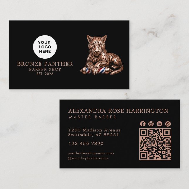 Carte De Visite Salon de coiffure moderne Logo Qr Code Panthère Ro (Devant / Derrière)