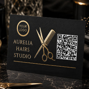 Carte De Visite Salon de coiffure moderne noir et or Code QR Entre