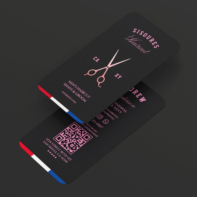 Carte De Visite Salon de coiffure Noir Rose Ciseaux Rouge Blanc Bl (Barbershop Black Pink Scissors Red White Blue Business Card
)