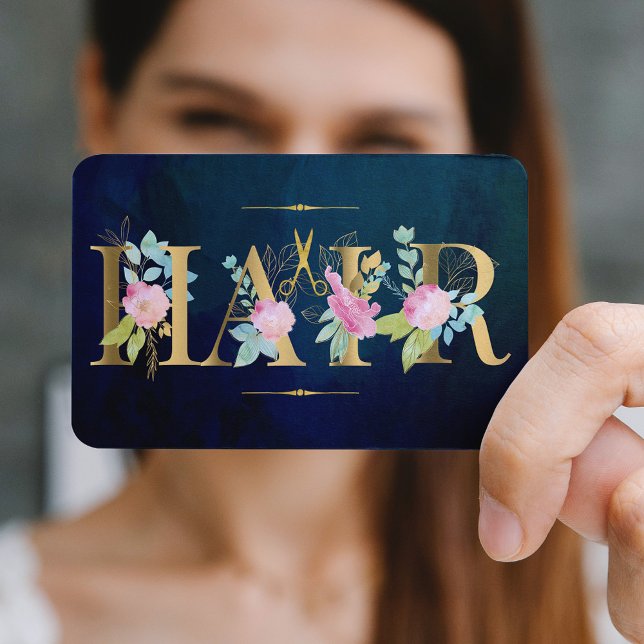 Carte De Visite Salon de coiffure or rose bleu marine glam luxe (You can choose ROUNDED CORNERS option)