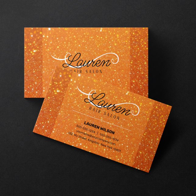 Carte De Visite Salon de coiffure Orange Glitter Sparkles Coiffeur (Créateur téléchargé)