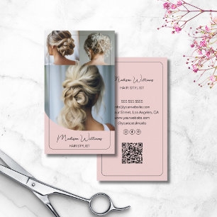 Carte De Visite Salon de coiffure personnalisé 3 photos QR rose