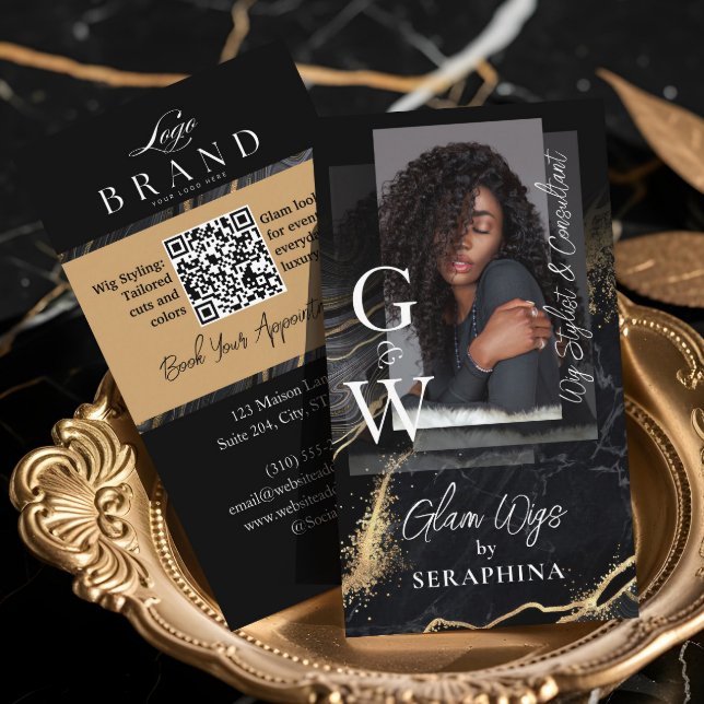 Carte De Visite Salon de coiffure pour perruques de luxe en agate  (Luxury Wig Hair Stylist Salon Black Gold Agate Business Card)