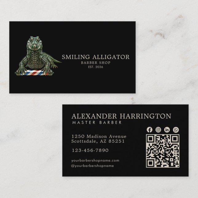 Carte De Visite Salon de Coiffure Professionnel Code Qr Alligator  (Devant / Derrière)