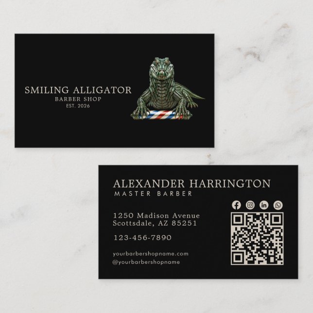 Carte De Visite Salon de Coiffure Professionnel Code Qr Alligator  (Devant / Derrière)