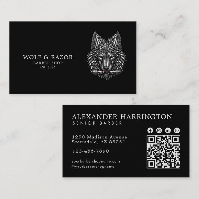 Carte De Visite Salon de Coiffure Professionnel Code QR Loup Argen (Devant / Derrière)