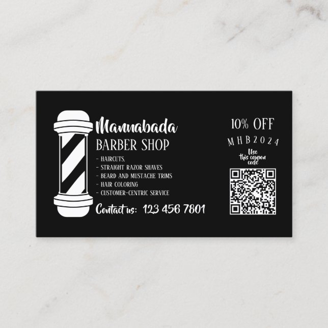 Carte De Visite Salon de coiffure qr code noir et blanc (Devant)