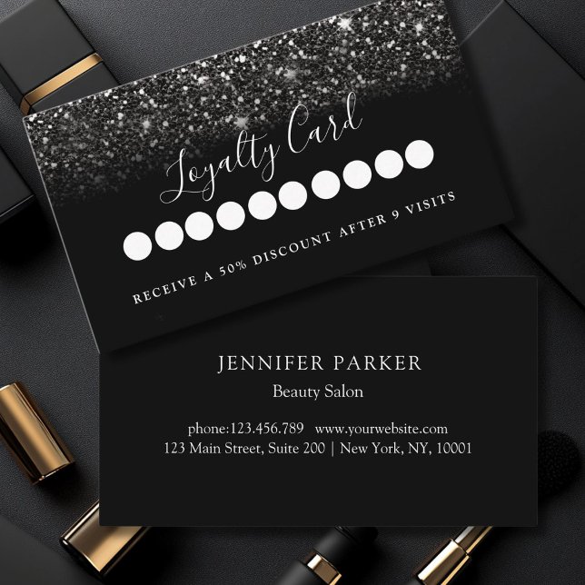 Carte De Visite Salon de la Parties scintillant Noire moderne & Lo (Modern Black Glitter Salon & Spa Loyalty Business Card)