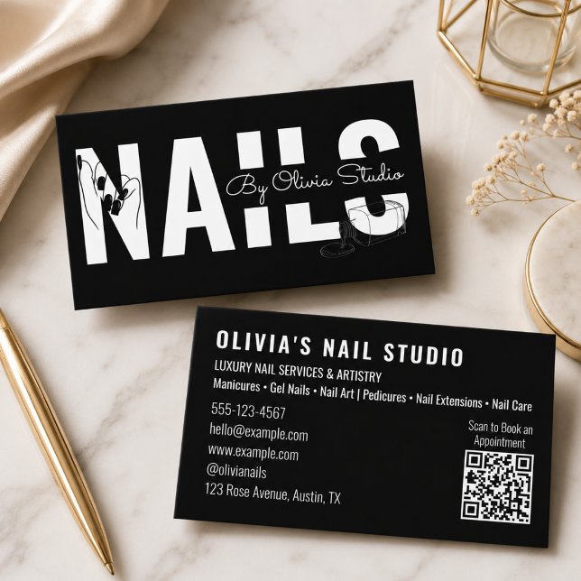 Carte De Visite Salon de manucure Qr-Code noir et blanc écriture m (nail salon business cards modern feminine for her customer nail artist tech technician typography )