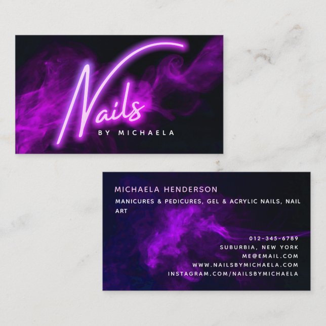 Carte De Visite Salon de manucure/Technicienne Purple Neon & Smoke (Devant / Derrière)