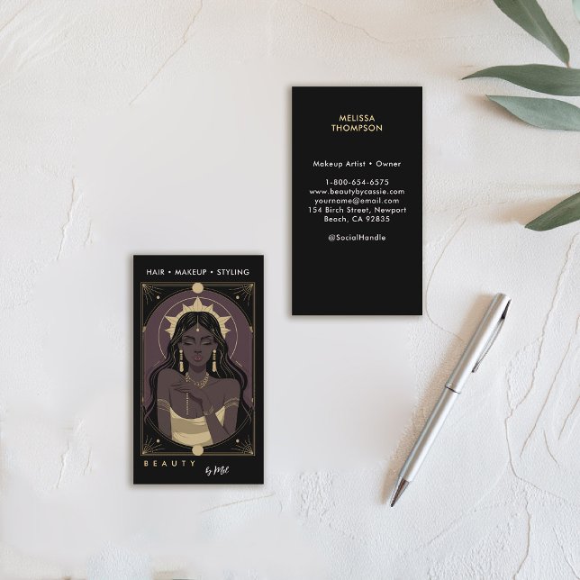 Carte De Visite Salon de maquillage des ongles de cheveux Tarot my (tarot card business card celestial mystical gold black purple makeup hair lash psychic reiki healer)