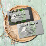 Carte De Visite Salon de massothérapeute spa<br><div class="desc">Un élégant carte de visite spa avec un cadre blanc transparent sur l'avant et plus de détails sur le dos dispose d'un design de pierres chaudes noires lisses,  bougies,  feuilles tropicaux et fleurs. Personnalisez ce carte de visite pour être le vôtre.</div>