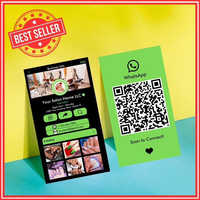 Carte De Visite Salon de ongles WhatsApp vert | Social Media QR Co (Créateur téléchargé)