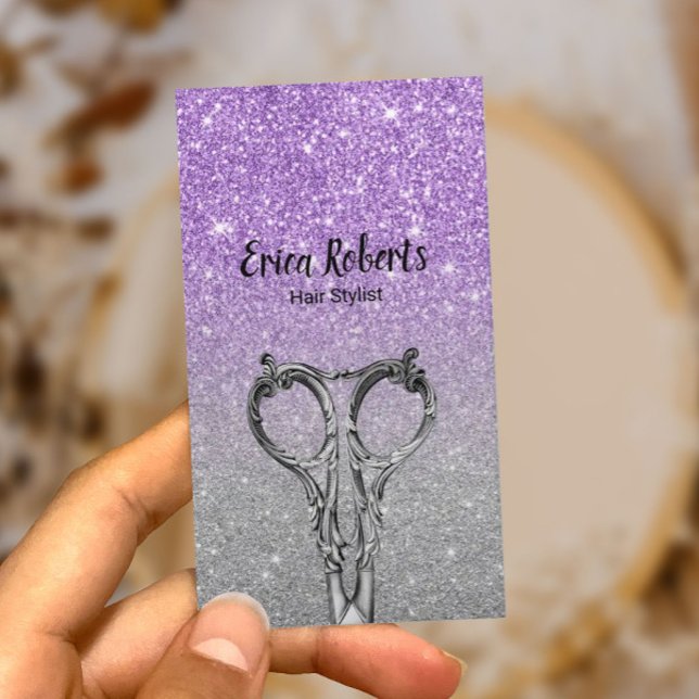 Carte De Visite Salon de Parties scintillant moderne violet et arg (Créateur téléchargé)