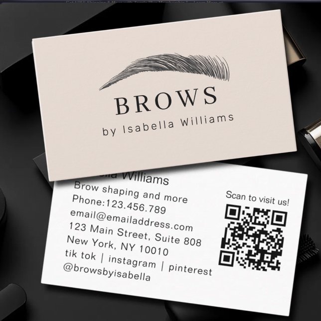 Carte De Visite Salon de sourcils élégant minimal QR-Code (Minimal Elegant Eyebrow Salon QR-Code Business Card)