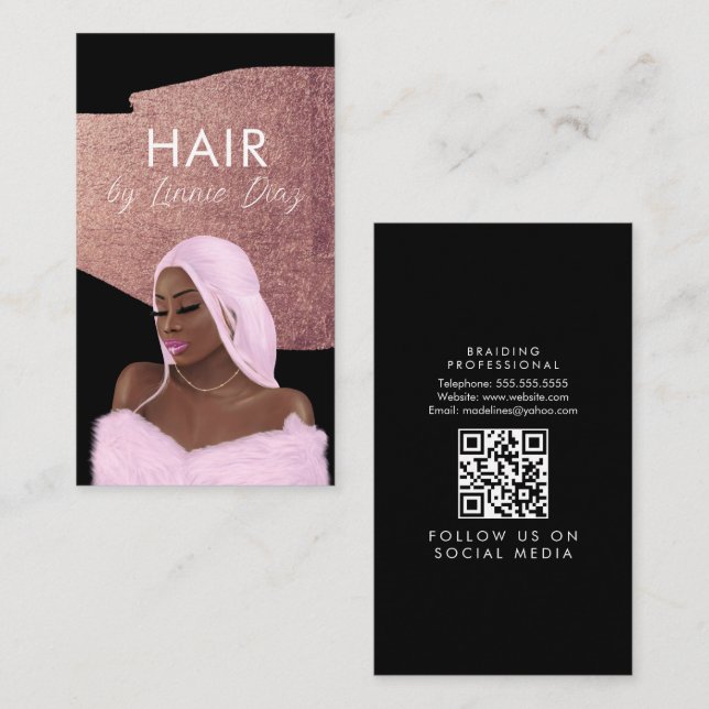 Carte De Visite Salon de tresse de cheveux Beauté Noir Script Rose (Devant / Derrière)