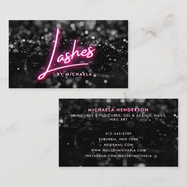 Carte De Visite Salon des extensions Lash en Neon Rose et Parties  (Devant / Derrière)