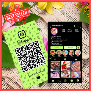 Carte De Visite Salon d'onglerie Instagram Vert Citron QR des mé