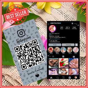 Carte De Visite Salon d'ongles Instagram Bleu Poussiéreux QR des