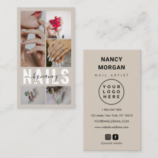 Carte De Visite Salon d'ongles Script 5 Logo Collage Photo Beige
