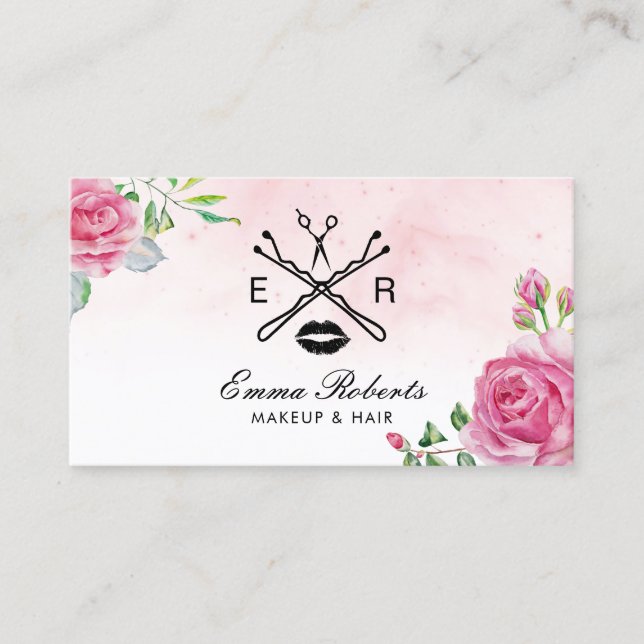 Carte De Visite Salon floral d'aquarelle de coiffeur de maquilleur (Devant)