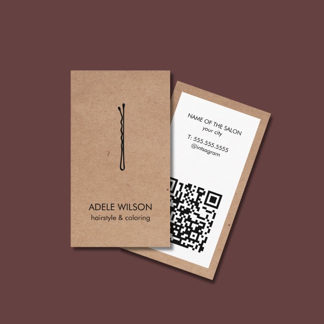 Carte De Visite Salon moderne Faux Kraft Blanc QR Code Hair Pin Sa (Créateur téléchargé)